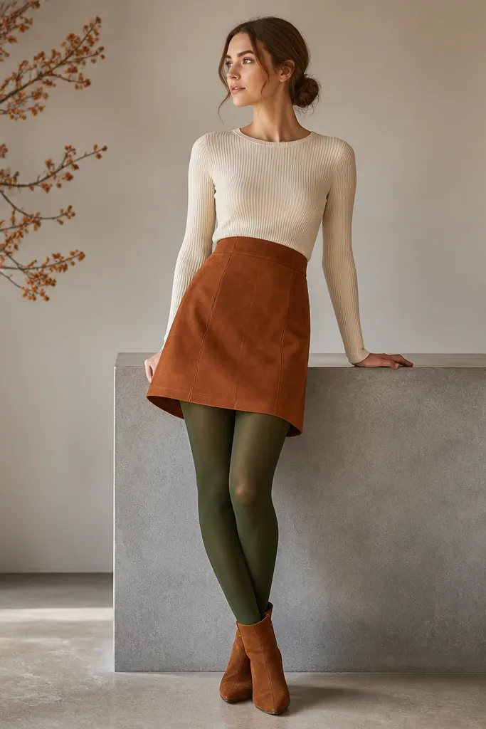 Cognac suede skirt with cream ribbed top, olive tights, and brown suede ankle boots