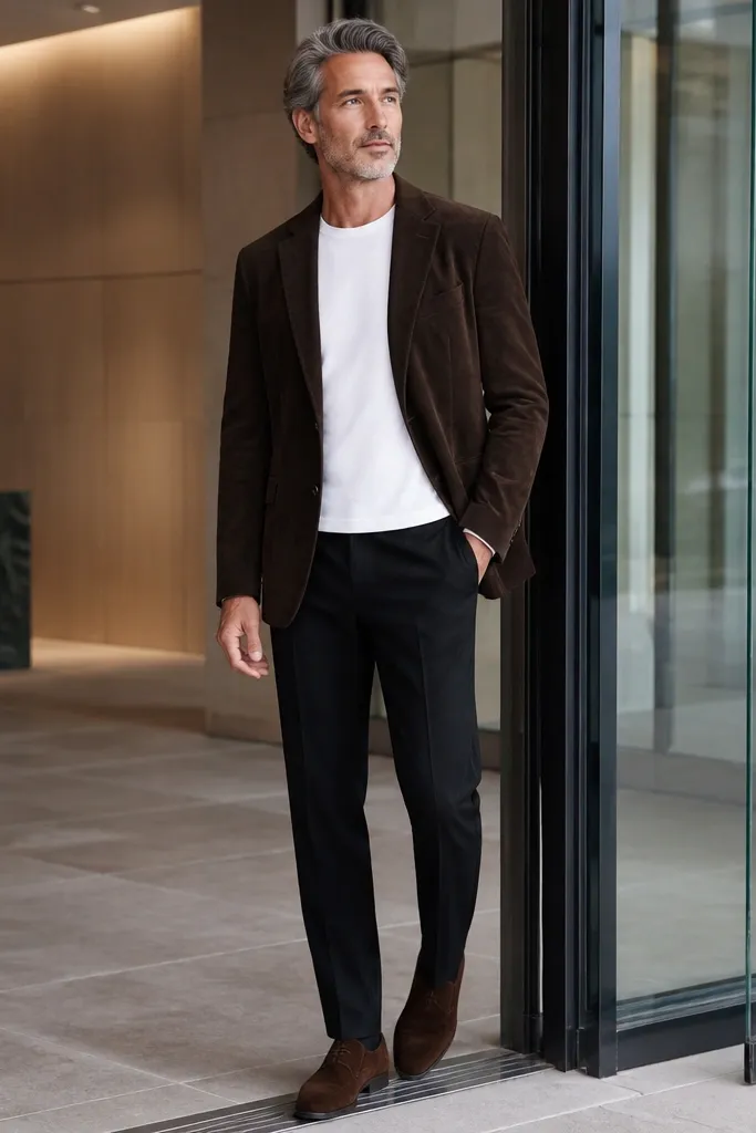 Espresso suede suit jacket over a white tee with black trousers and brown suede loafers