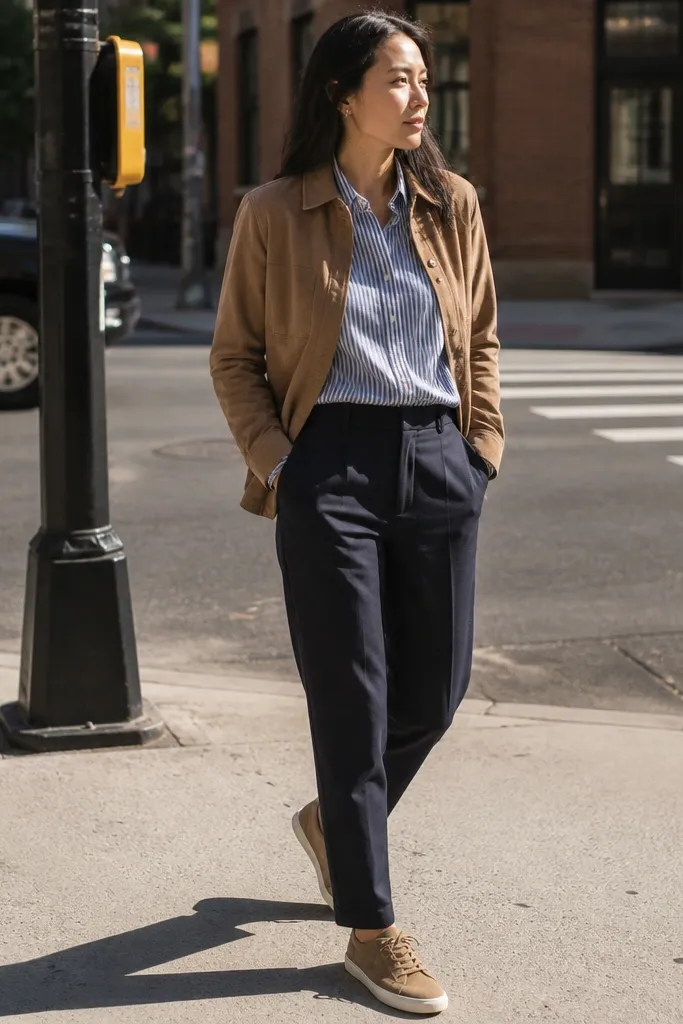 Light brown suede shirt over a striped poplin with dark chinos and brown suede sneakers