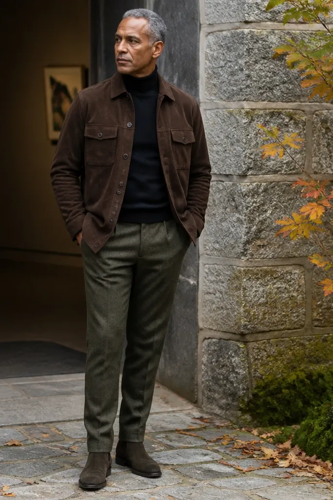 Dark brown suede overshirt over a black turtleneck with olive wool trousers and brown suede boots