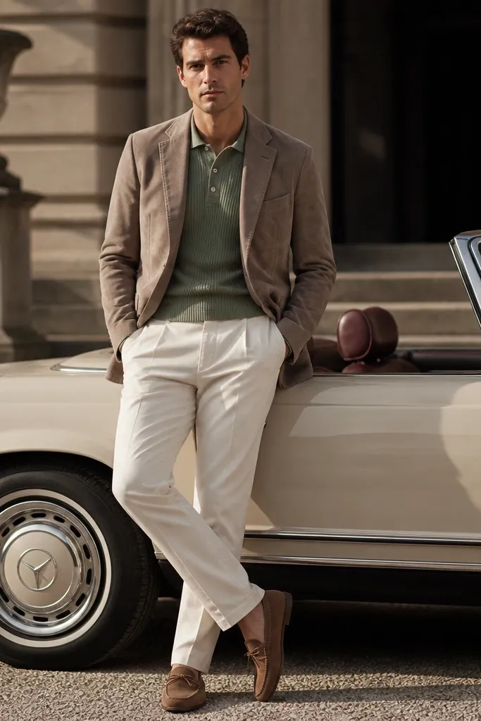 Taupe suede blazer with sage knit polo, off-white chinos, and brown suede driving shoes