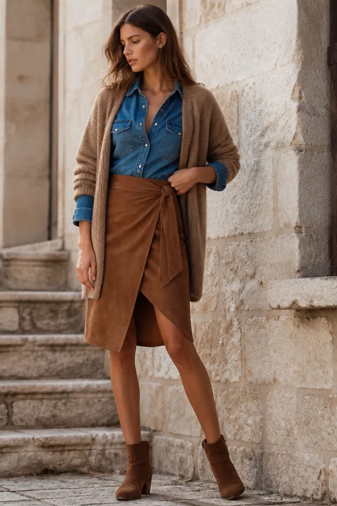 Brown suede wrap skirt with a denim shirt, tan cardigan, and brown suede ankle boots