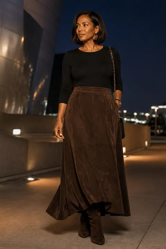 Cocoa suede maxi skirt with a black fitted top, gold hoops, and brown suede heeled boots
