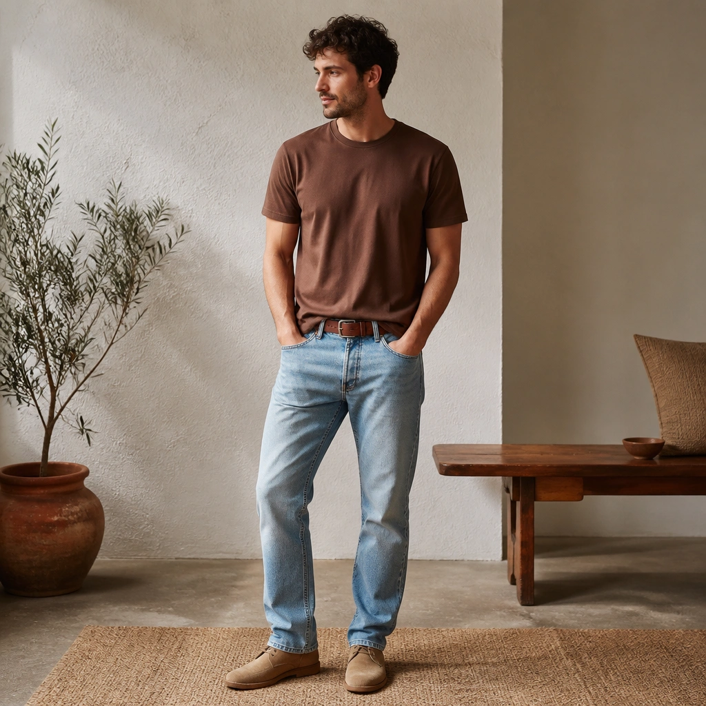 A brown t-shirt worn untucked over light blue straight-leg jeans, with a visible brown leather belt and tan suede shoes.