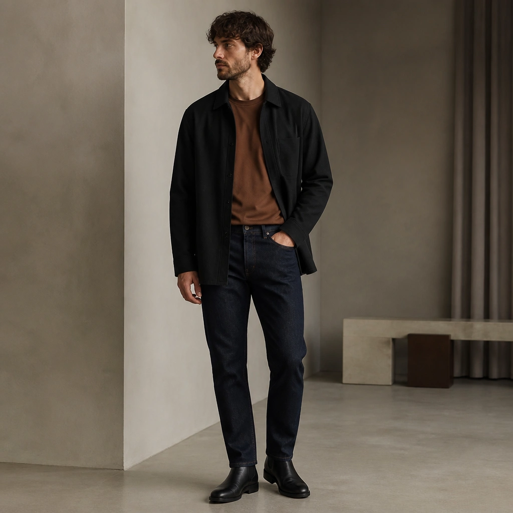 A dark indigo jean look with a brown crew-neck t-shirt, layered under a minimal black overshirt, finished with black Chelsea boots.