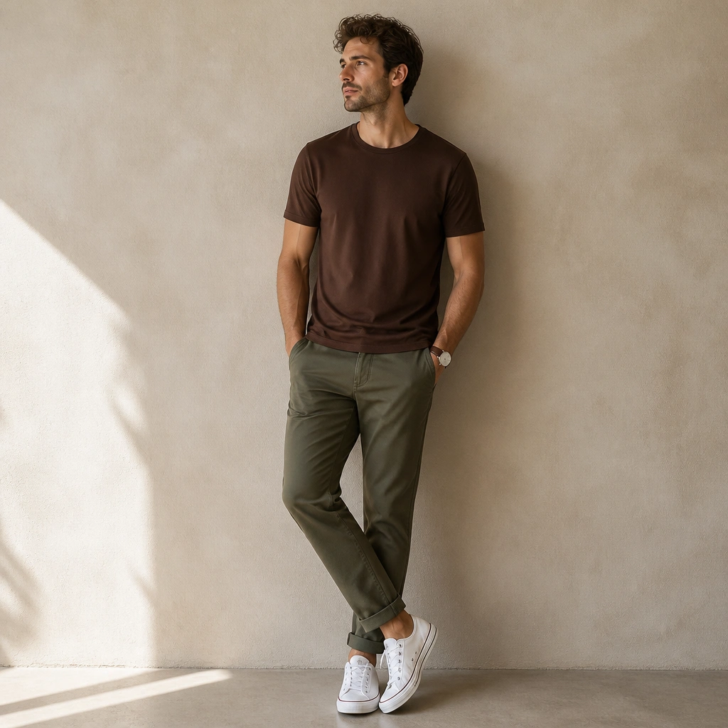 A brown t-shirt paired with olive chinos and white canvas sneakers, with a relaxed stance and a simple wristwatch.