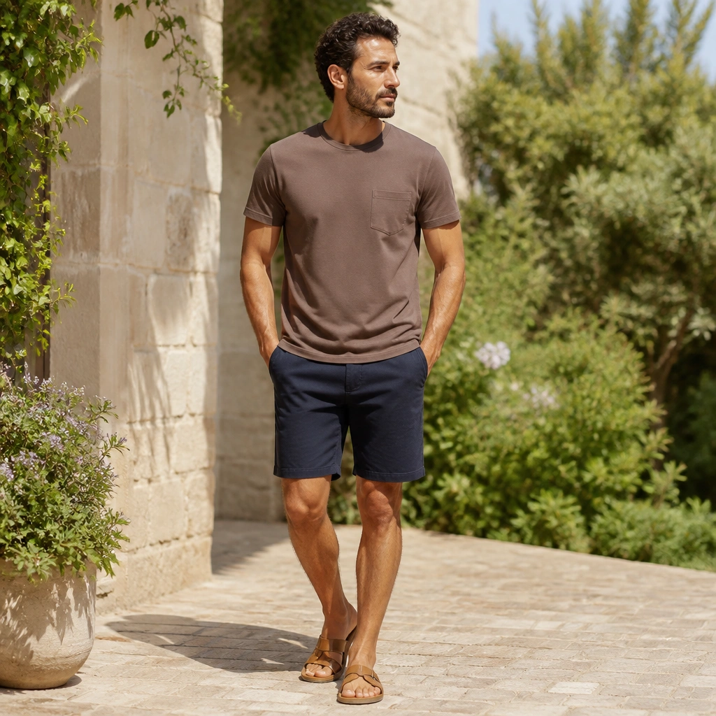 A brown t-shirt worn with navy shorts and tan leather sandals, photographed outdoors with bright daylight.