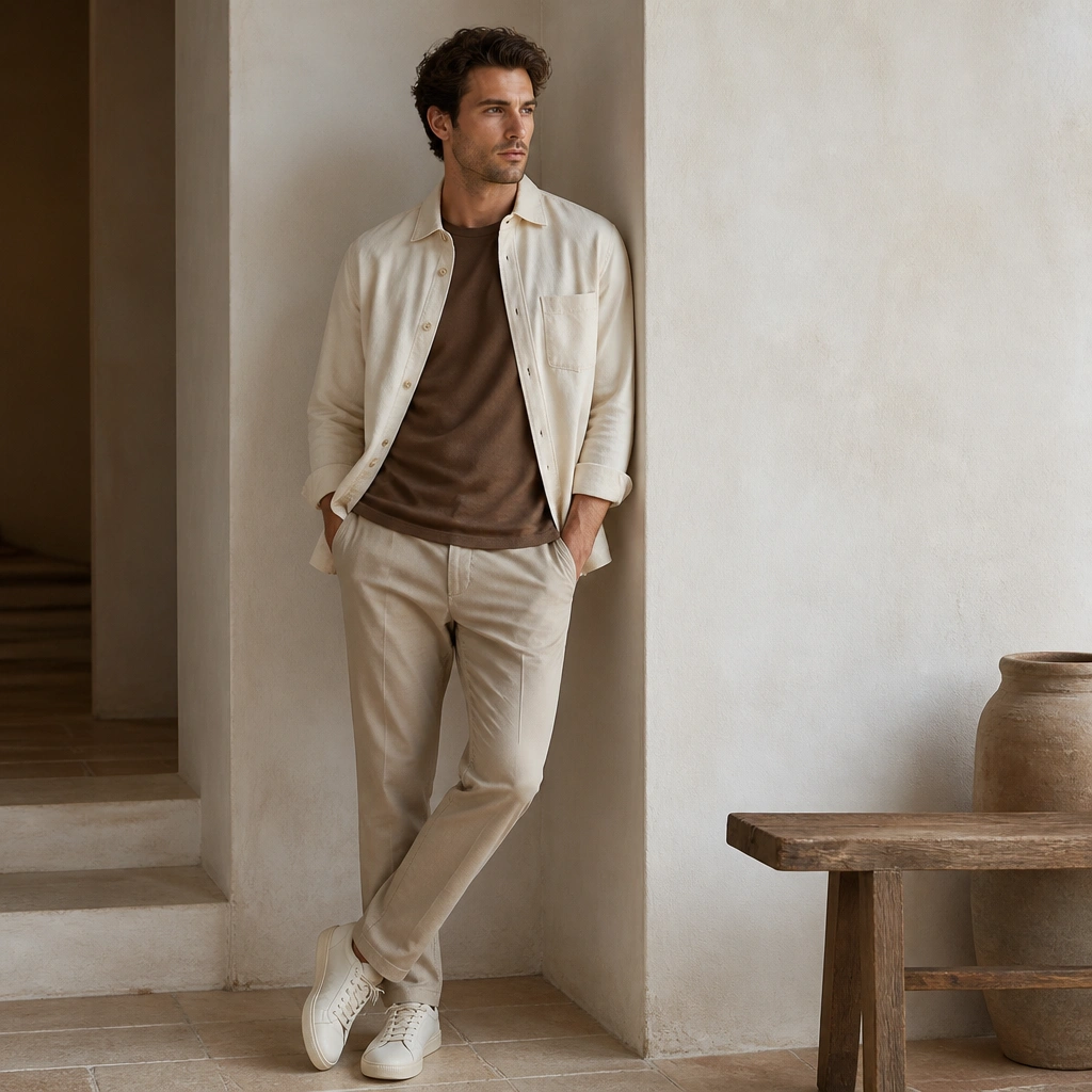 A layered look: brown t-shirt under a cream lightweight overshirt, worn with beige trousers and minimalist sneakers.