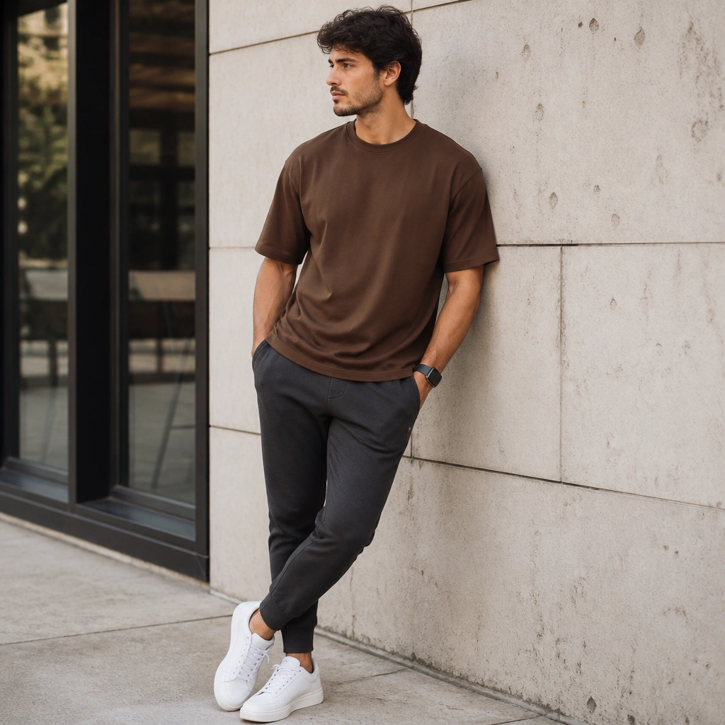 A brown t-shirt styled with charcoal tapered joggers and crisp white sneakers, with a smartwatch and relaxed fit.