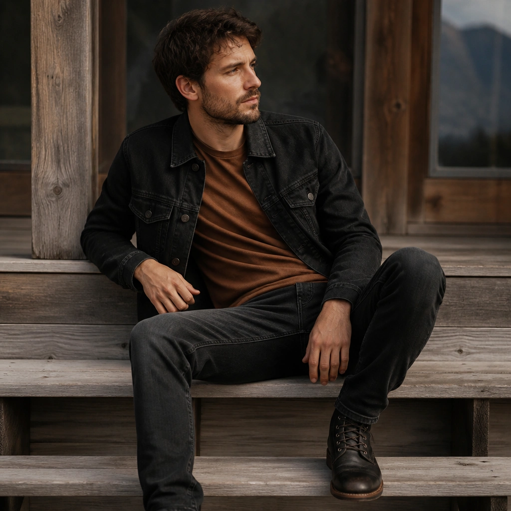 A brown t-shirt under a black denim jacket with dark jeans (no visible rips), plus black-and-brown boots.
