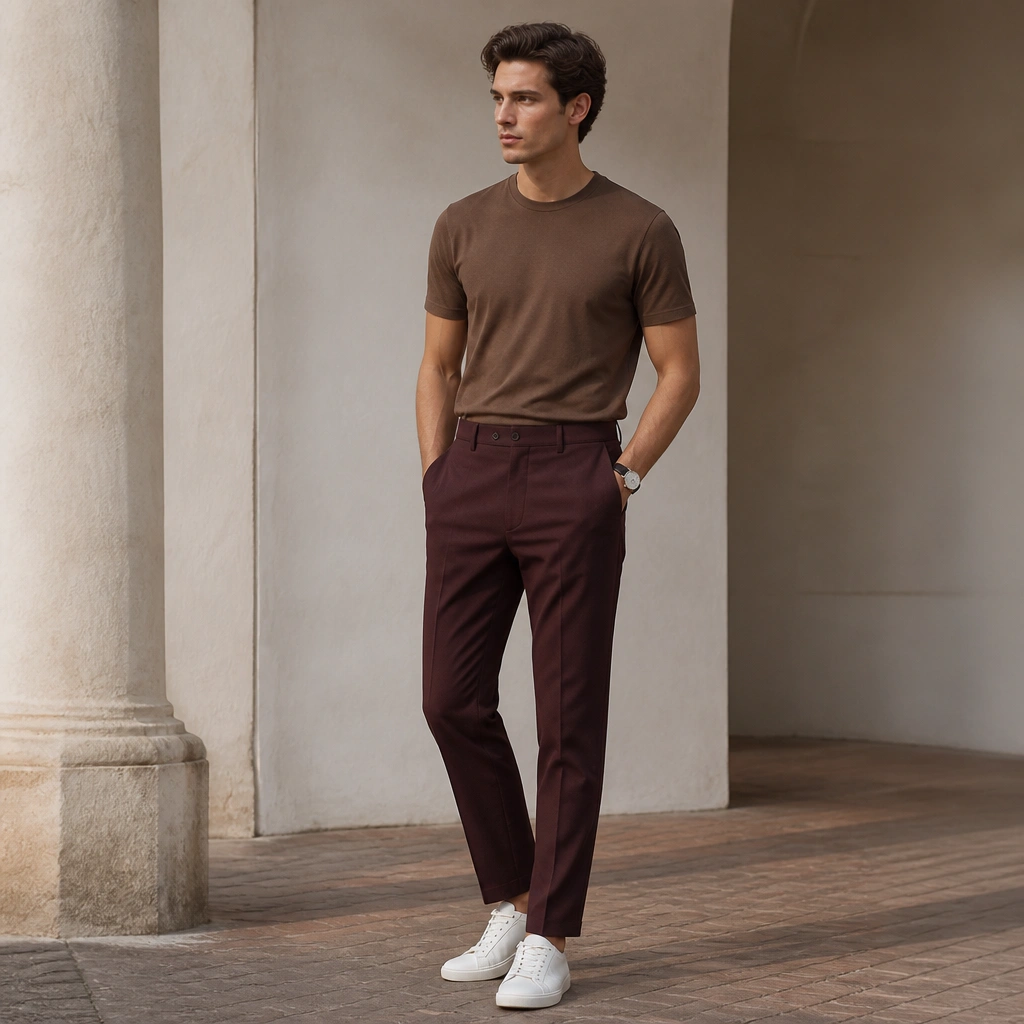 A brown t-shirt tucked into burgundy chinos, paired with white sneakers and a slim watch.