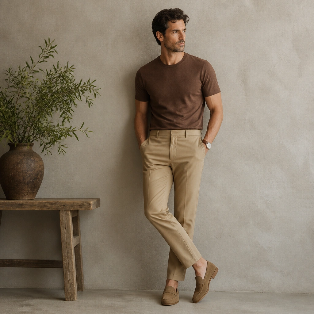 A brown t-shirt tucked into khaki chinos, finished with tan suede loafers and a minimal leather watch.