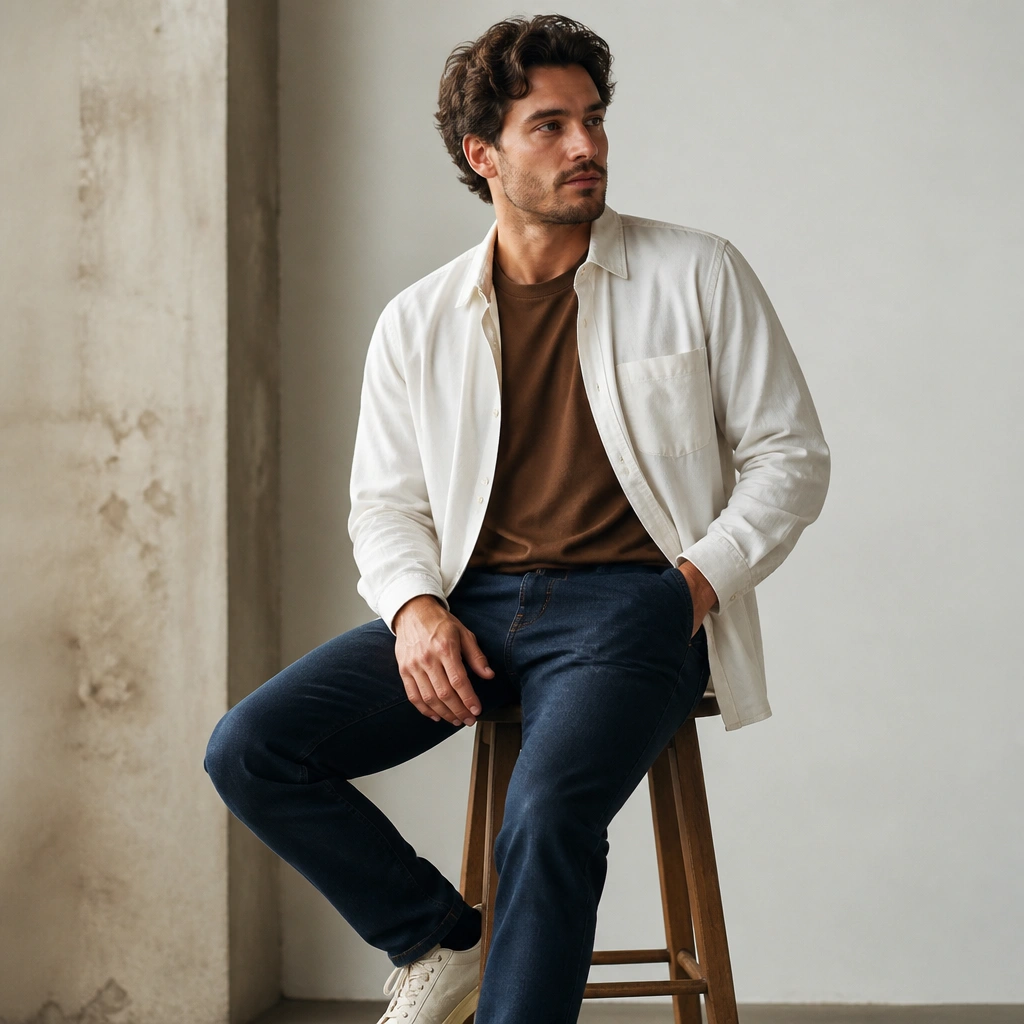 A brown t-shirt with a white button-up shirt jacket worn open, paired with navy jeans and simple sneakers.