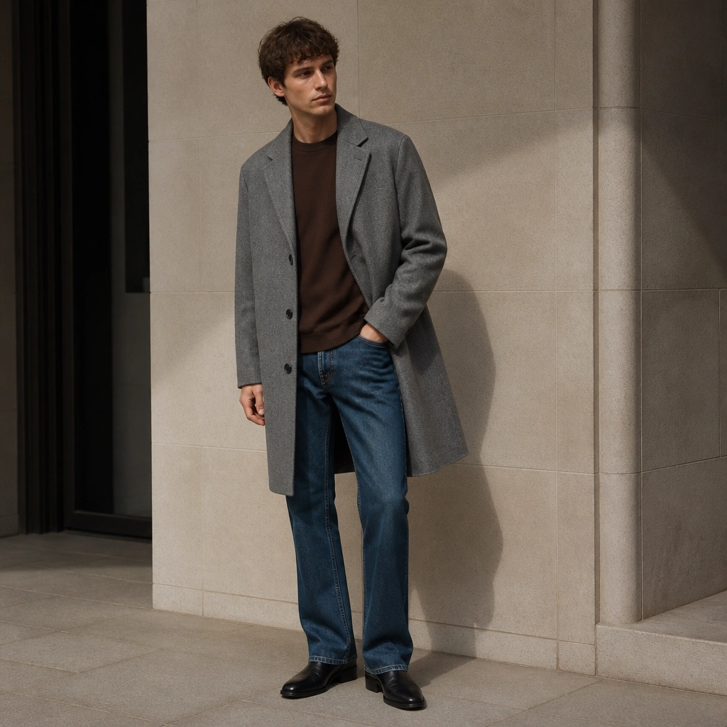 A brown t-shirt under a grey wool overcoat, worn with straight-leg jeans and black leather shoes.