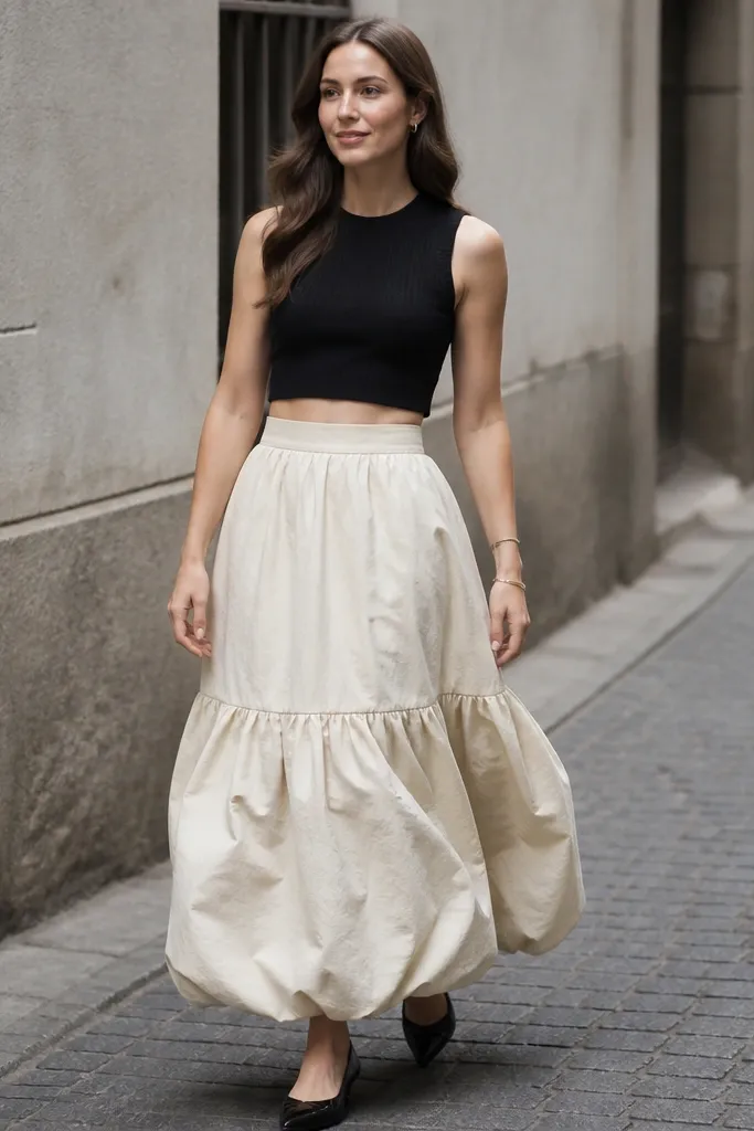 Cream bubble maxi skirt with a black ribbed crop top and pointed flats