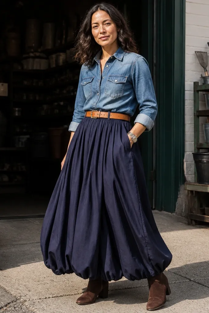 Navy bubble maxi skirt with a tucked denim shirt, tan belt, and brown boots