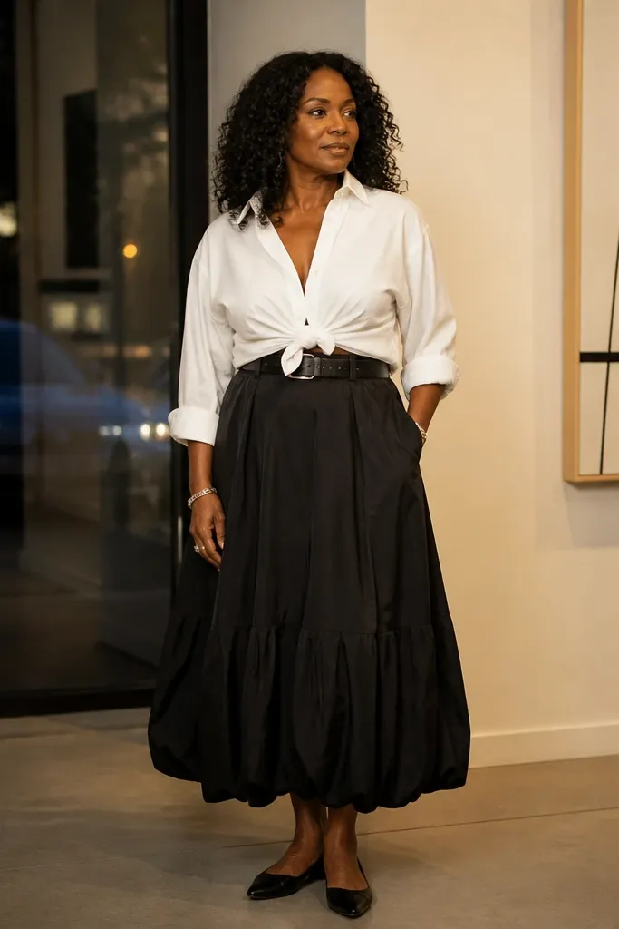 Black bubble maxi skirt with a white oversized shirt and a slim belt