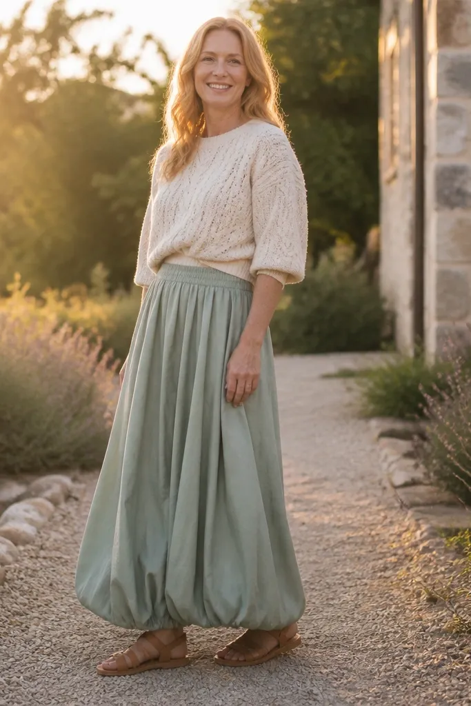 Sage green bubble maxi skirt with a cream fisherman knit and tan sandals