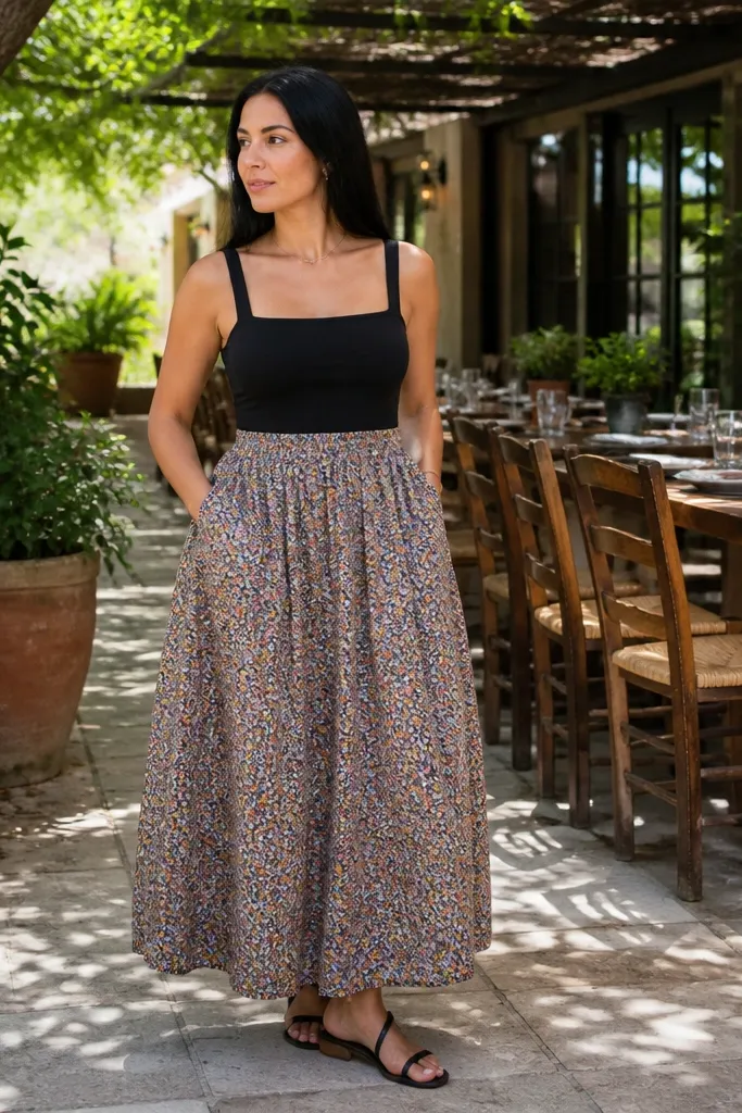 Floral bubble maxi skirt with a solid black square-neck bodysuit