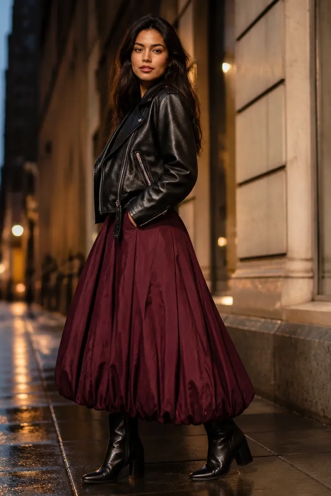 Burgundy bubble maxi skirt with a black moto jacket and ankle boots