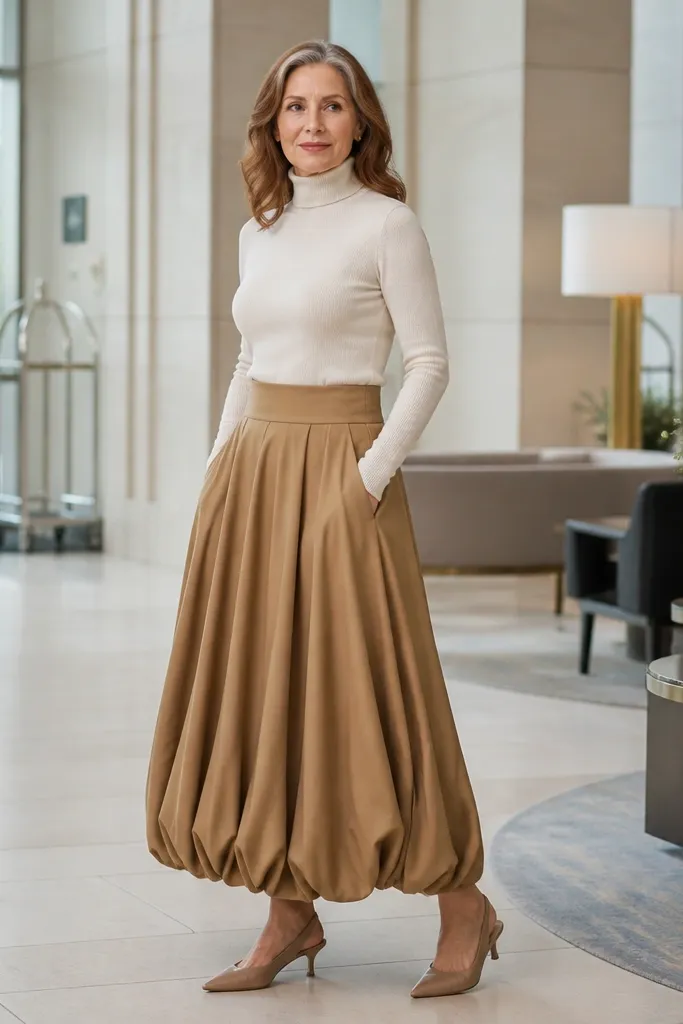 Camel bubble maxi skirt with a cream turtleneck and nude slingback heels