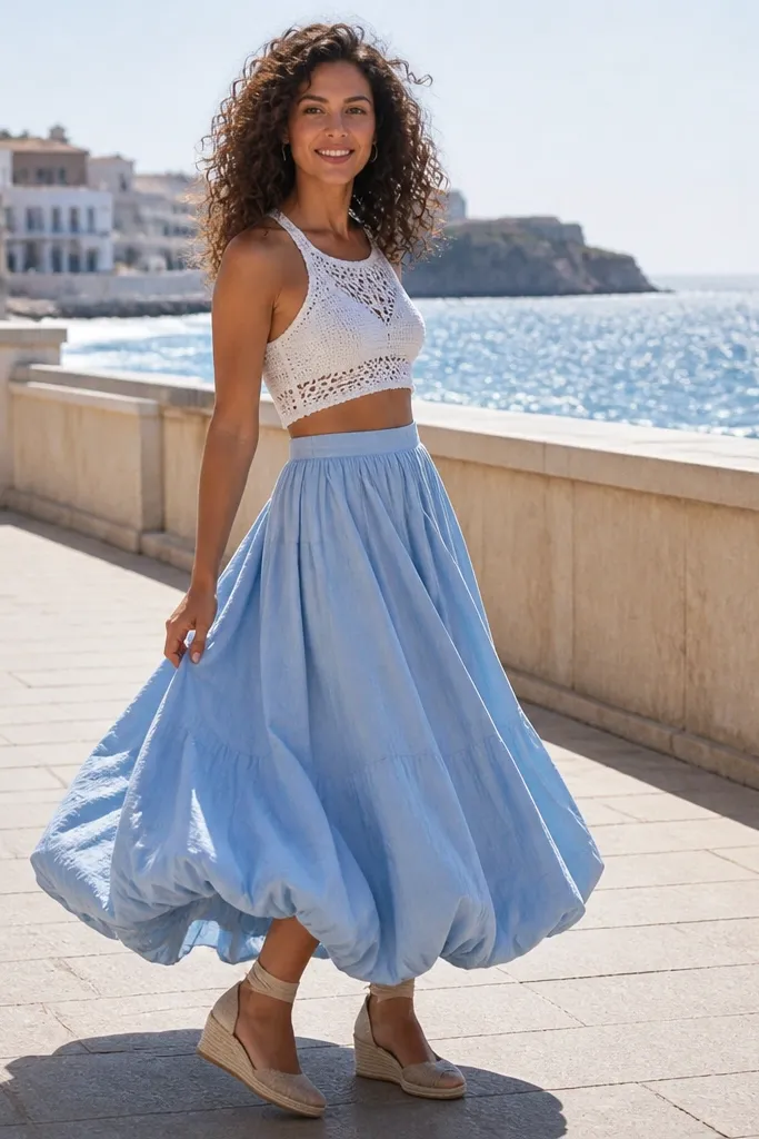 Sky blue bubble maxi skirt with a cropped white crochet top and espadrilles