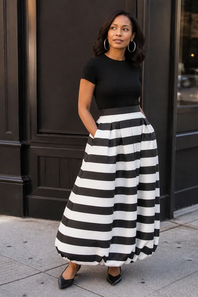Black-and-white striped bubble maxi skirt with a fitted black tee and silver hoops
