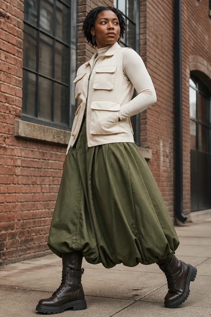 Olive bubble maxi skirt with a cream utility vest and combat boots