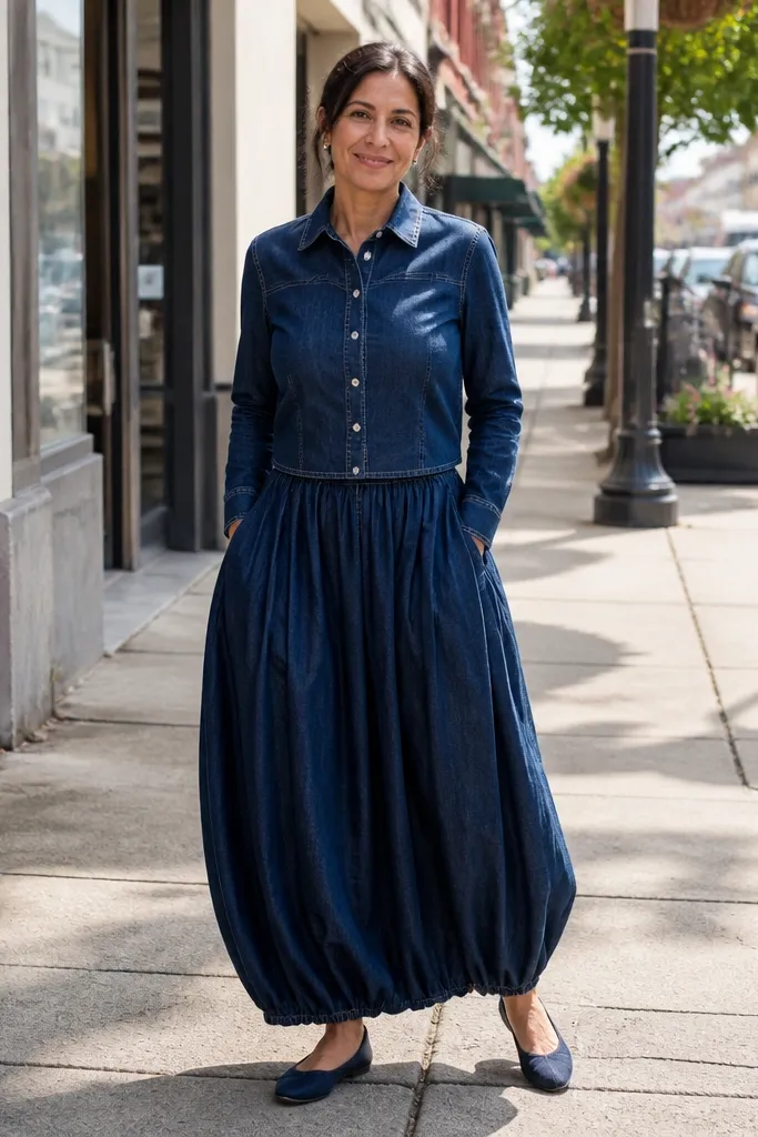 Denim bubble maxi skirt with a fitted chambray button-up and white sneakers