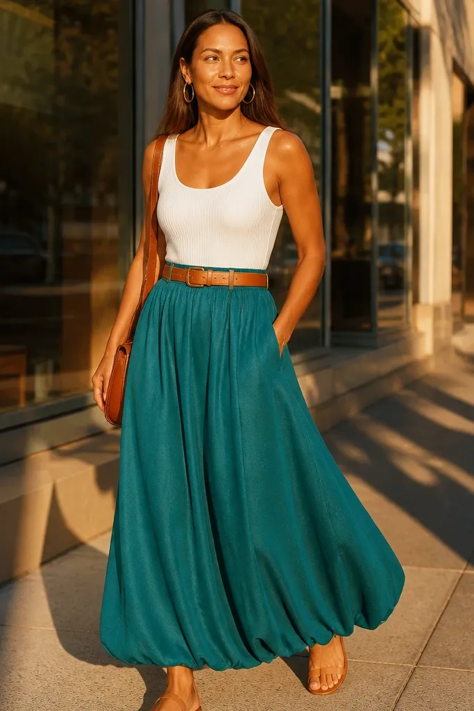 Teal bubble maxi skirt with a white ribbed tank and cognac belt