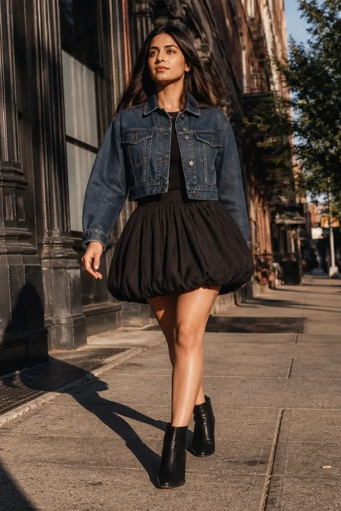 Black bubble mini skirt with a cropped denim jacket and black ankle boots
