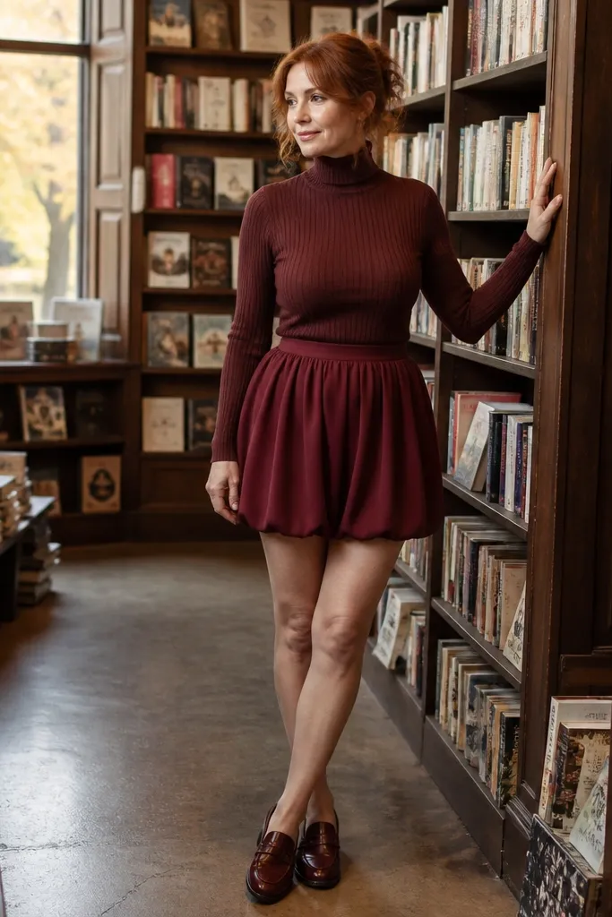 Burgundy bubble mini skirt with a fitted ribbed turtleneck and wine loafers