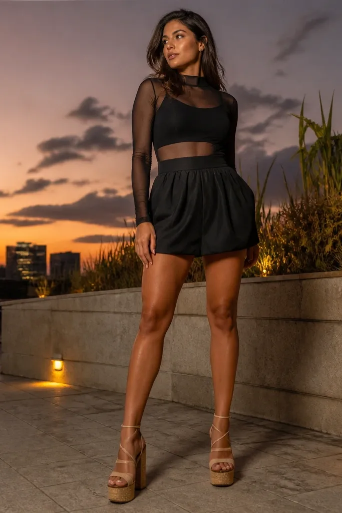 Black bubble mini skirt with a long-sleeve mesh top and platform sandals