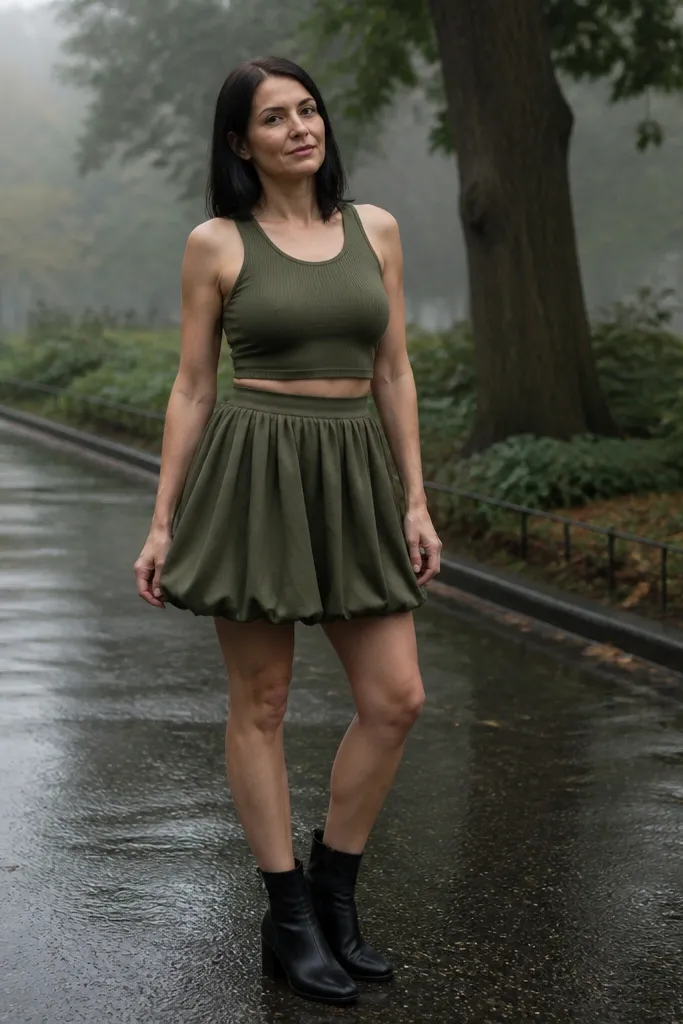 Matching olive cropped tank and olive bubble mini skirt with ankle boots