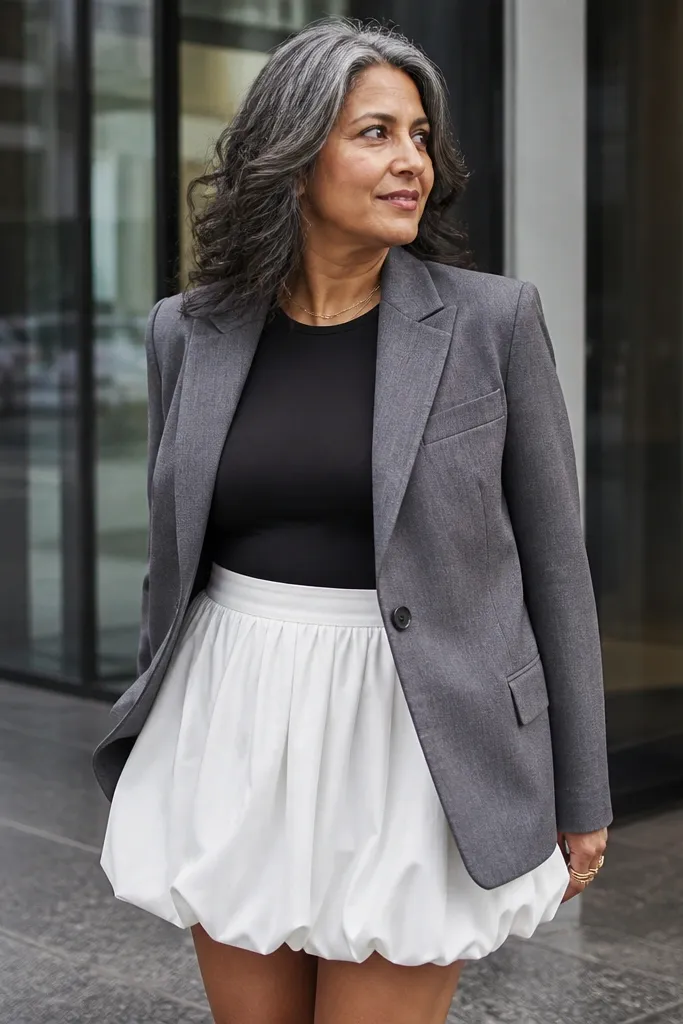 White bubble mini skirt with a black bodysuit and gray blazer