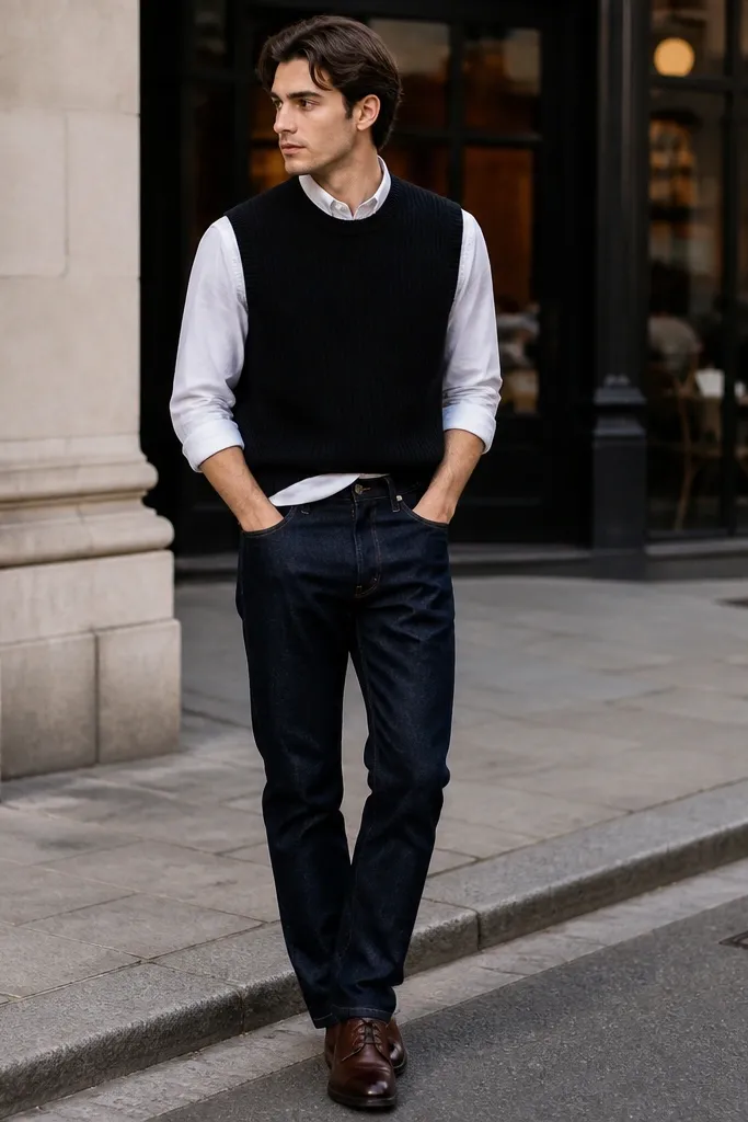 A black ribbed knit vest layered over a crisp white button-up, paired with dark indigo jeans and brown leather shoes; the look is styled for a street-style photo with a slight shirt-tuck.