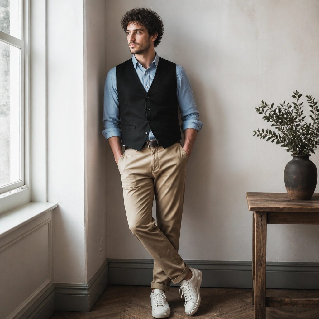 A black tailored vest over a light blue chambray button-down with tan chinos; minimal belt and clean sneakers in the background.