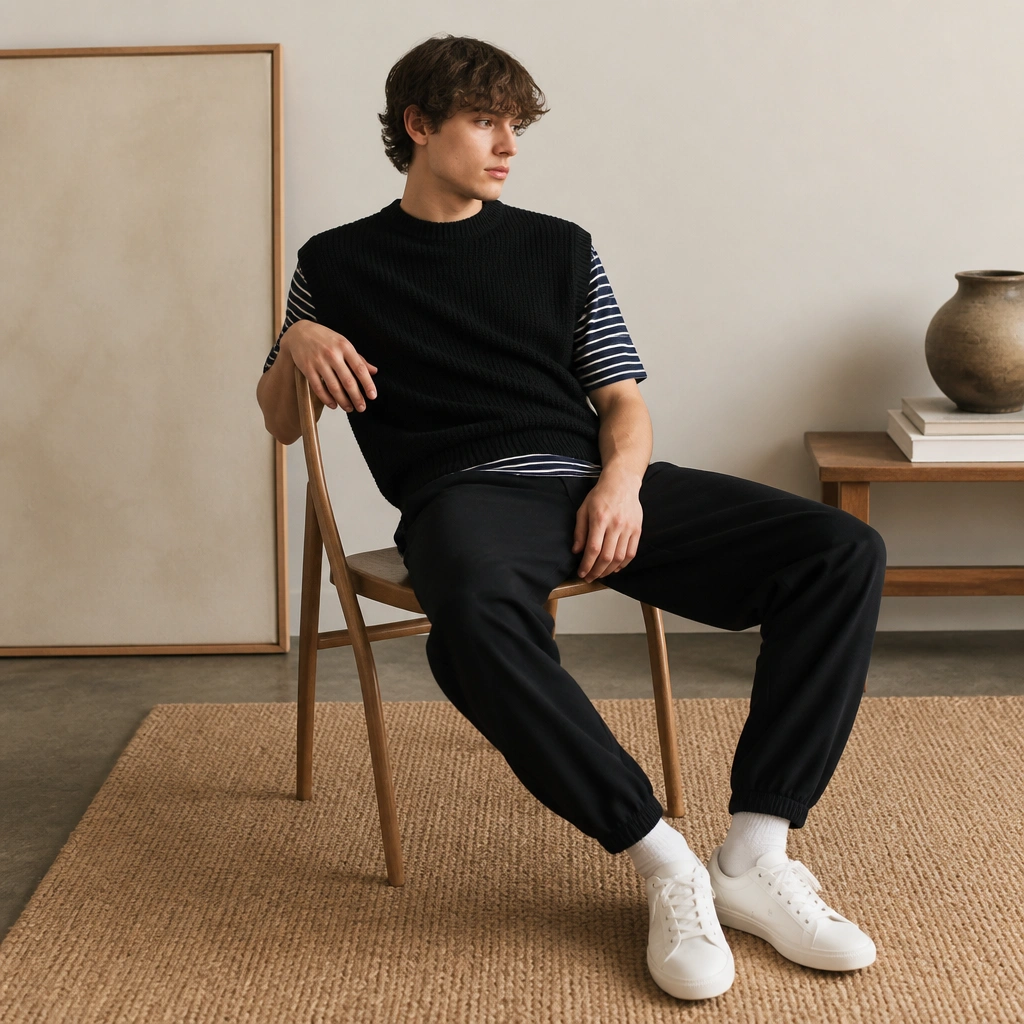 A black sweater vest over a navy-and-white striped T-shirt, worn with black joggers and white low-top sneakers; the outfit looks relaxed and cozy.