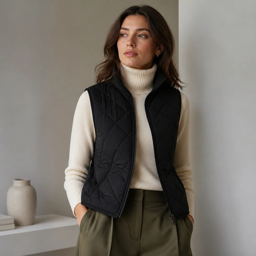 A cream turtleneck under a black quilted vest, paired with olive trousers; the photo shows a high neck and subtle quilt stitching.