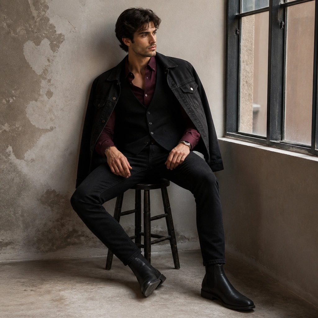 A burgundy button-down worn with a black vest, with a black denim jacket hanging open over the shoulders; black denim and boots finish the look.