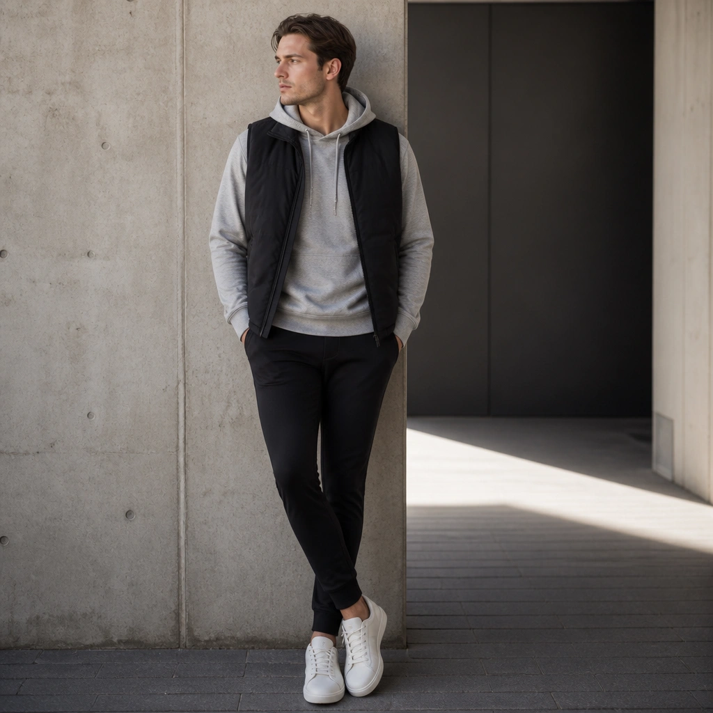 A black vest worn open over a heather gray hoodie, with dark fitted bottoms and minimalist sneakers; the vest hangs straight and frames the hoodie.
