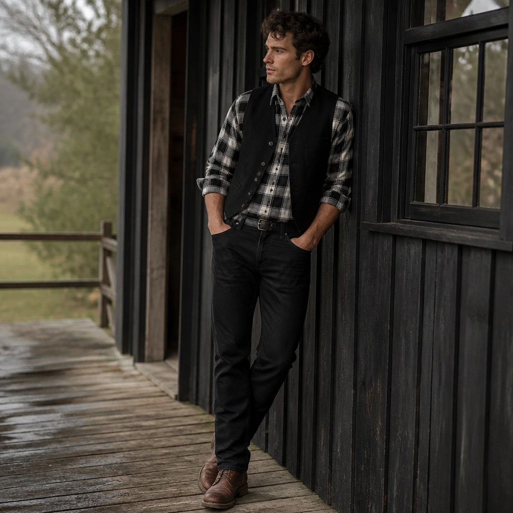 A black-and-white check flannel tucked into dark jeans, layered with a black vest and finished with brown leather boots.