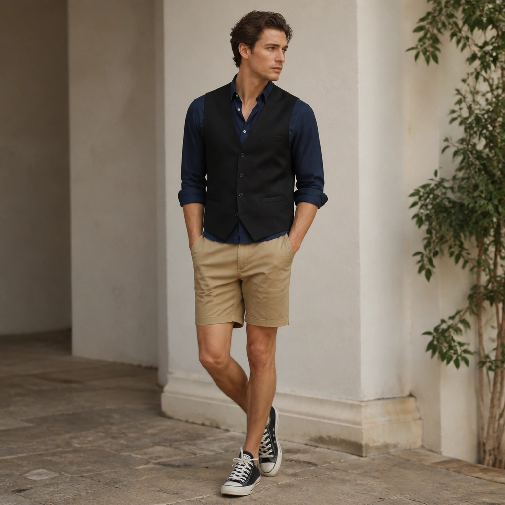 A navy button-down (partially rolled sleeves) under a black vest, paired with tan chino shorts and canvas sneakers.