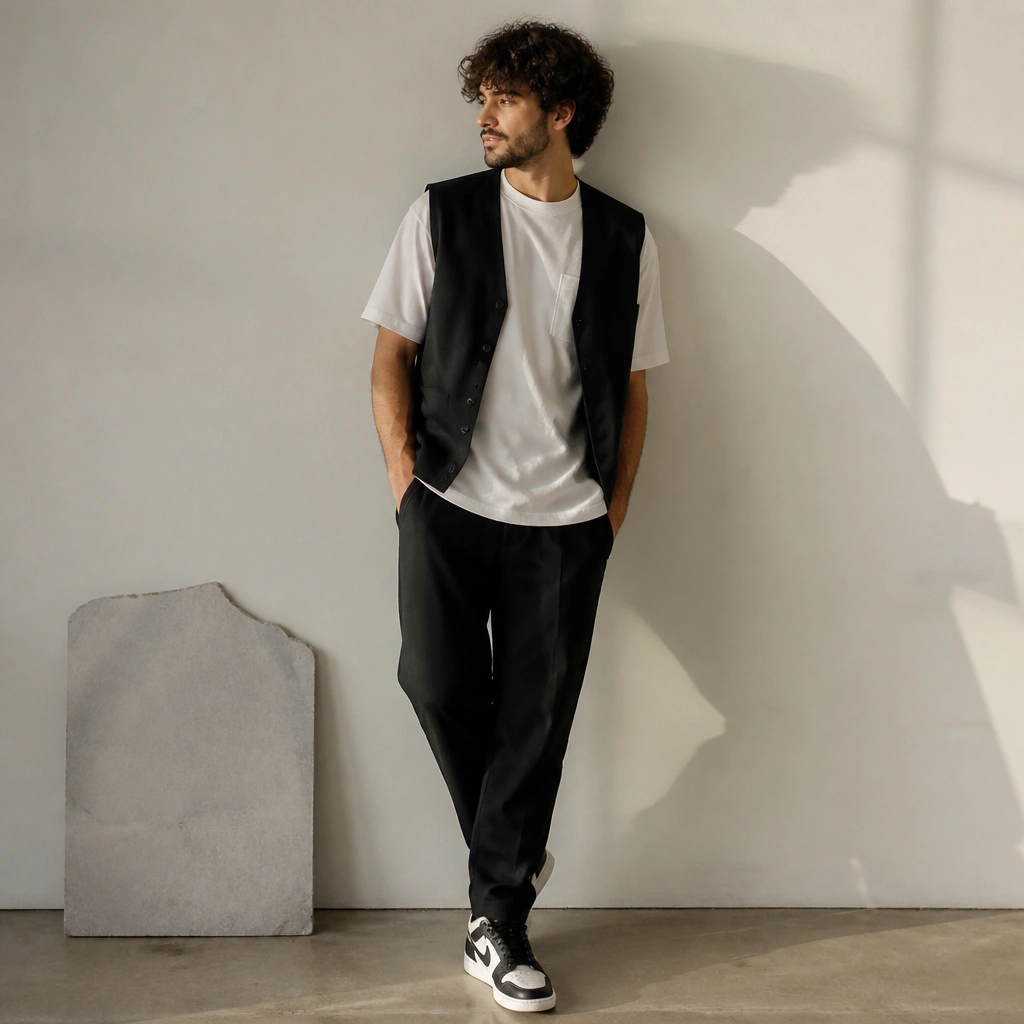 A white pocket tee under a black vest with a visible chest pocket, paired with black tapered pants and black-and-white sneakers.