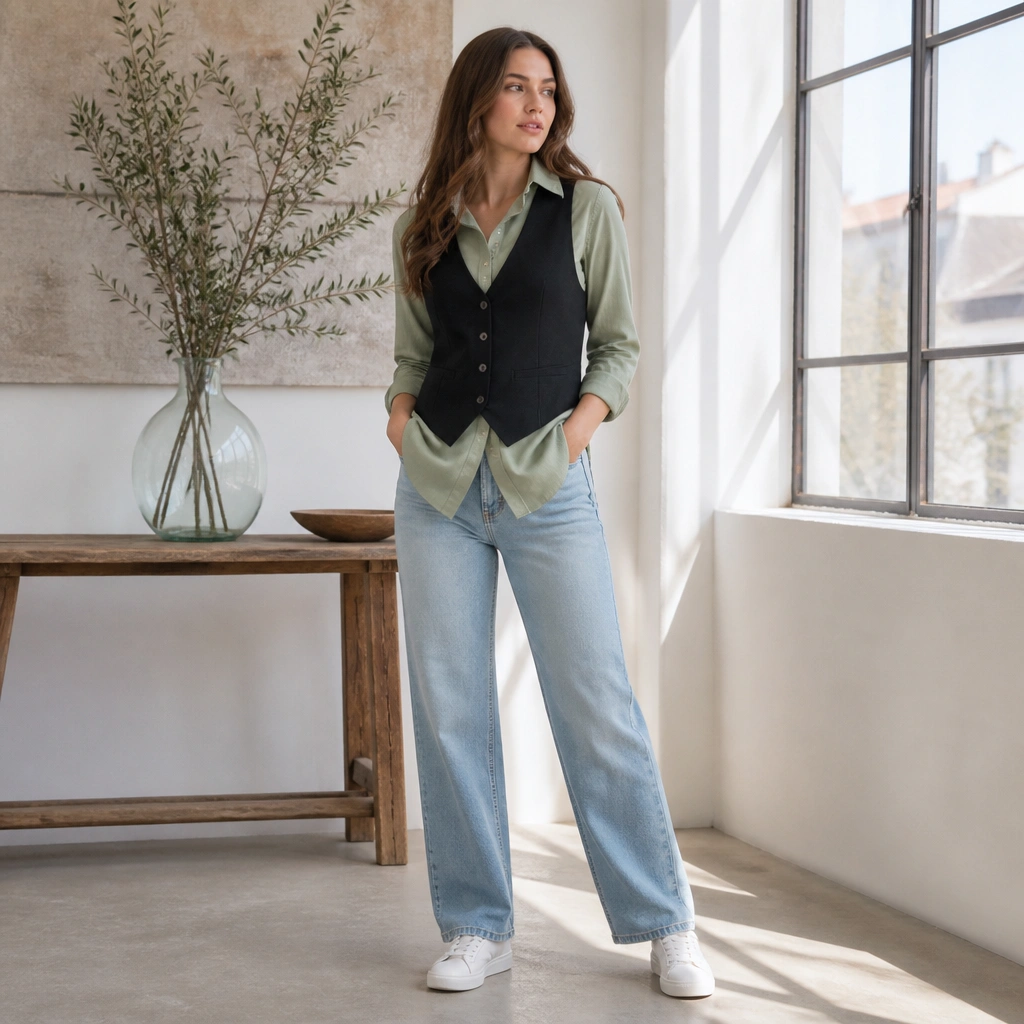 A sage green button-up under a black vest, paired with light wash jeans and white sneakers; the photo shows bright, airy daylight styling.