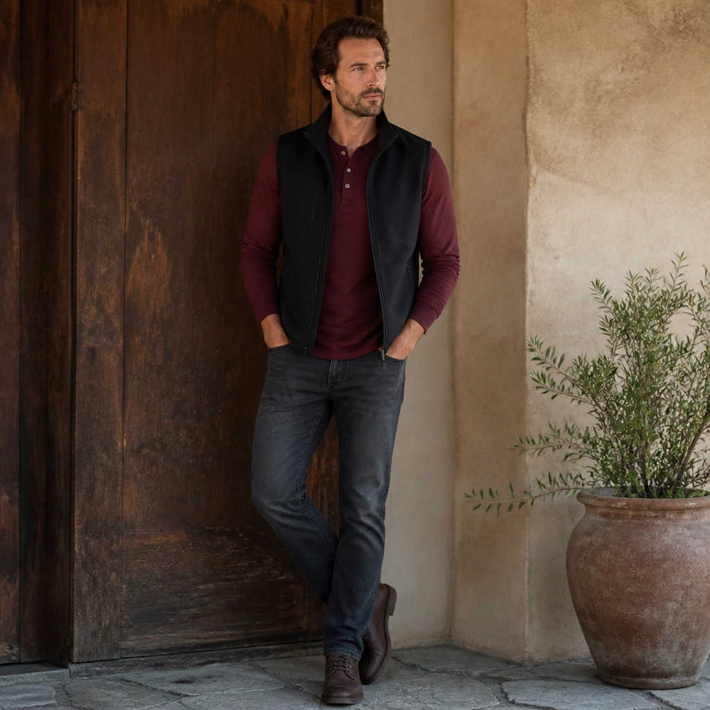 A black vest layered over a burgundy henley with three-button placket, paired with dark gray jeans and dark brown shoes.