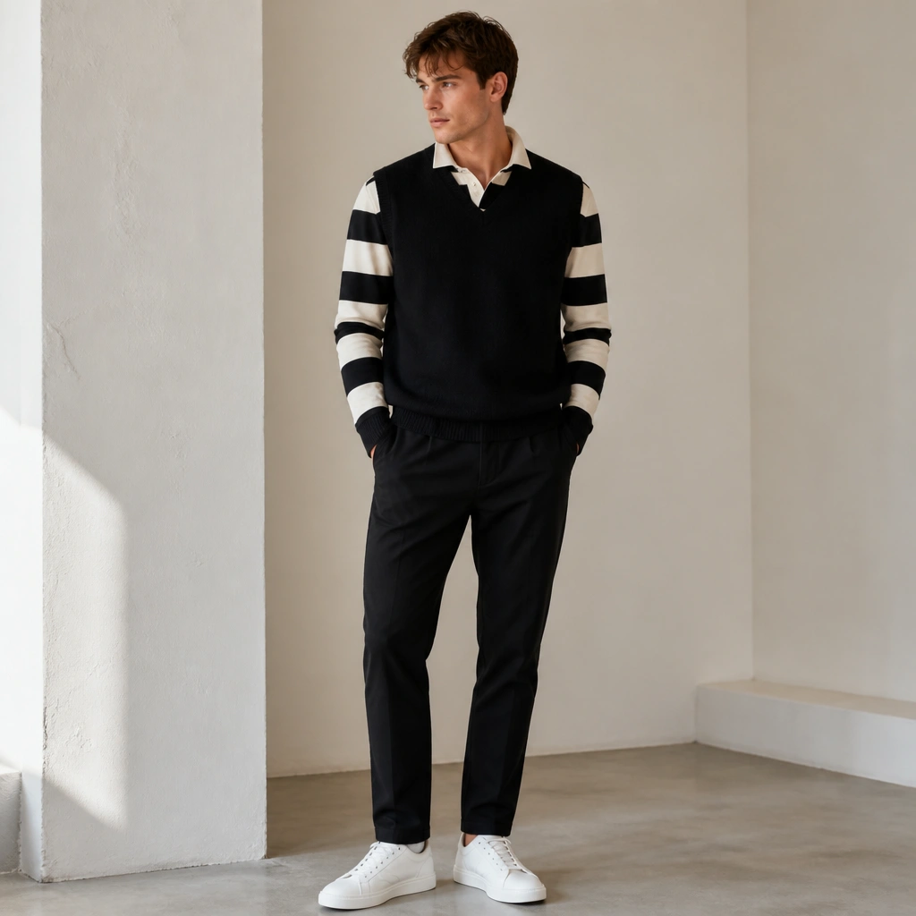 A rugby-style striped shirt under a black vest, paired with black chinos and clean white sneakers; the collar is visible above the vest.