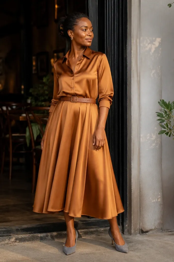 Caramel brown long dress with ash gray shoes and a gray bag