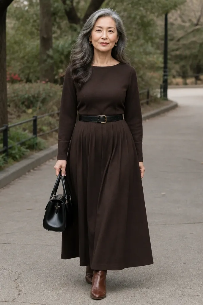 Chocolate brown long dress with a black belt and black handbag