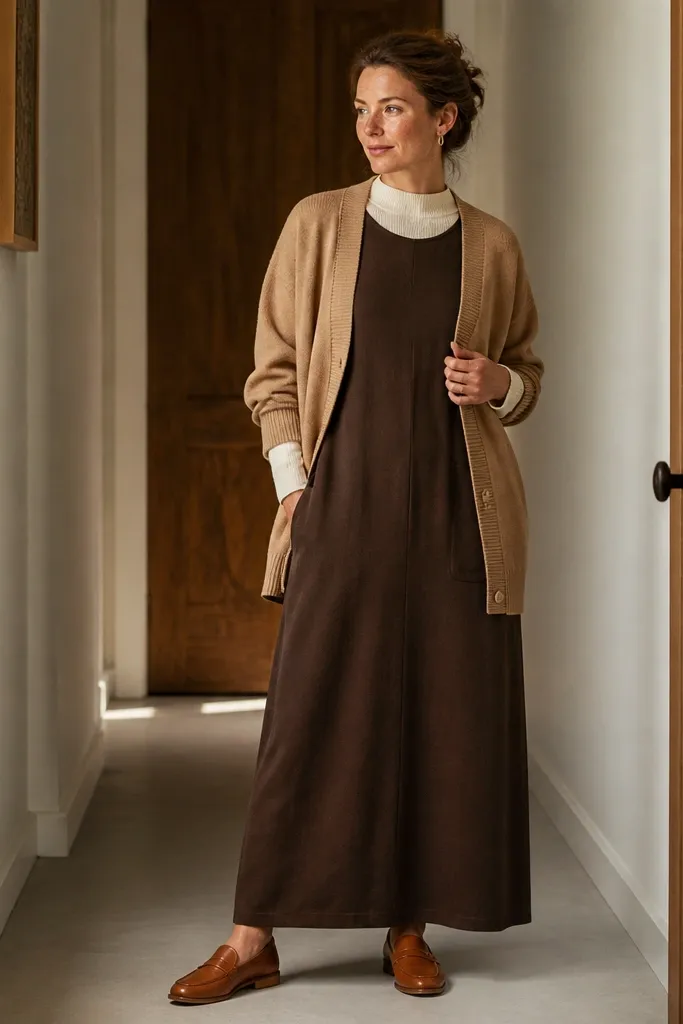 All-brown long dress outfit with similar brown shoes, bag, and belt